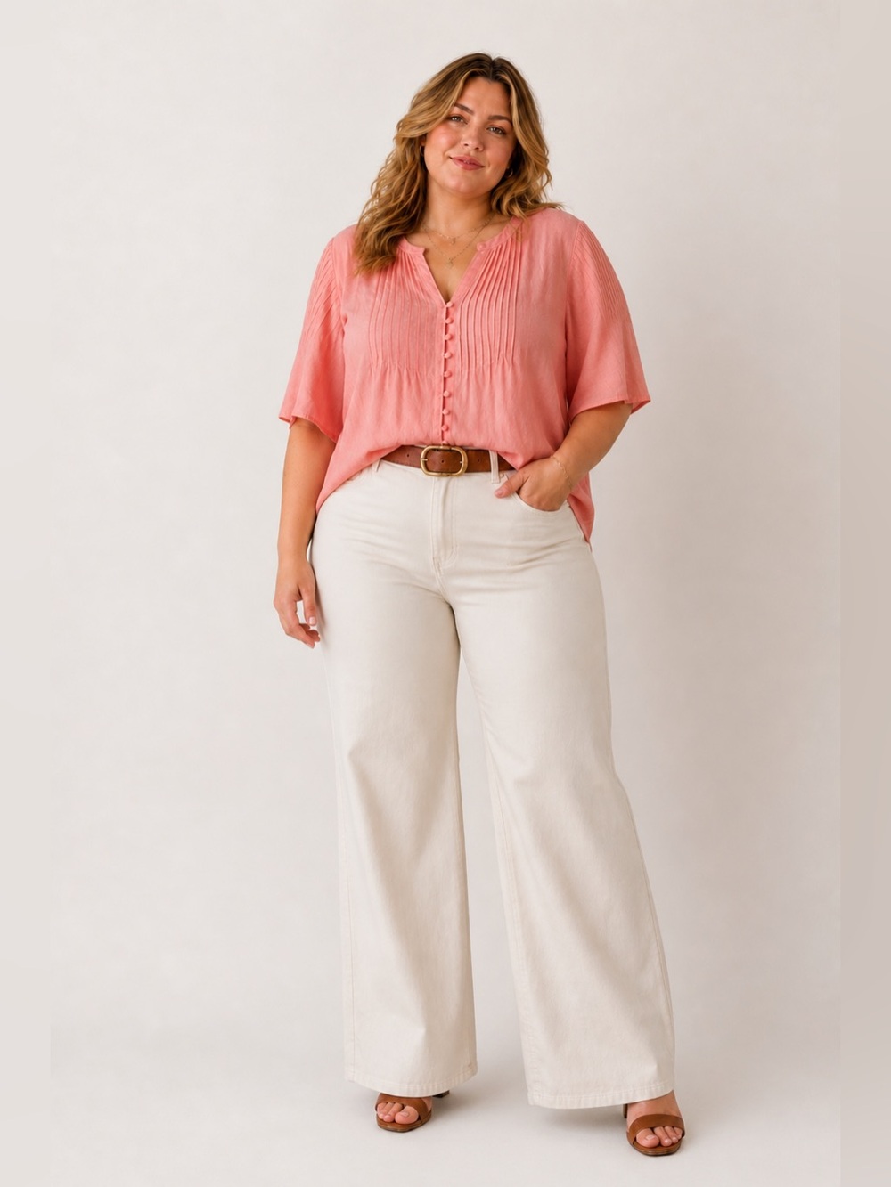 J. Crew Coral-Pink Pintuck Button Front Blouse 2x